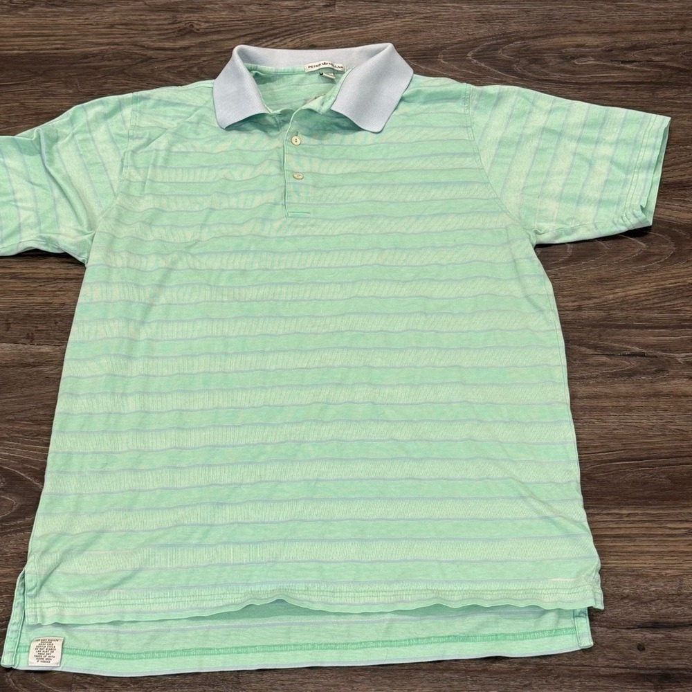 Peter Millar Mens Large Polo Shirt Mint Green Blue Striped Cotton Short Sleeve